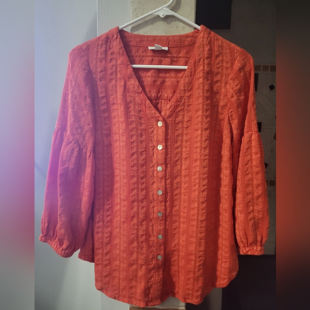J. Jill Womens XS Vibrant Orange Textured Cotton Button Front 3/4 Blouse
